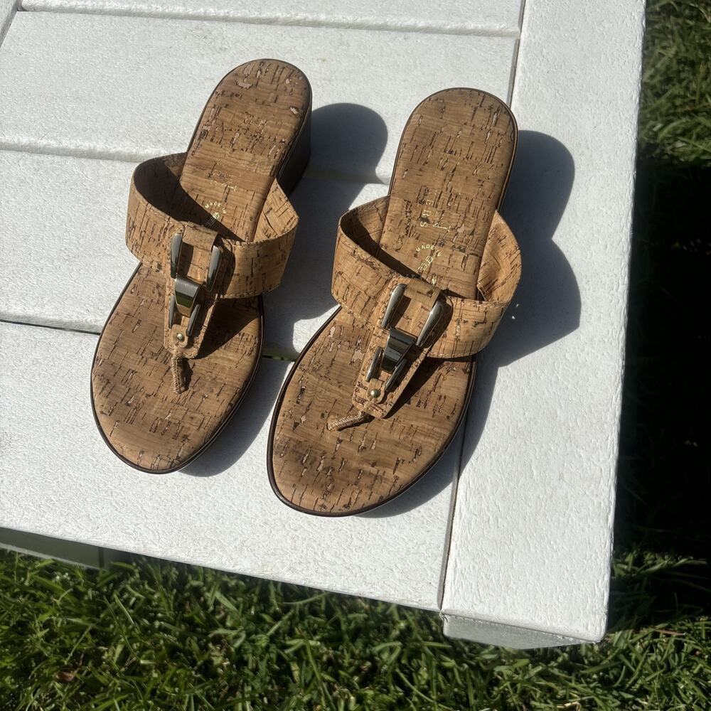 Italian Shoemakers Leather Cork Sandals Straps 6,5 Gold Clasp Wedges Womens